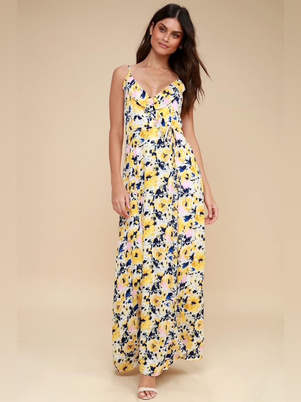 🌻 LULUs Berryessa Yellow Floral Print Sleeveless Maxi Dress. Size SMALL